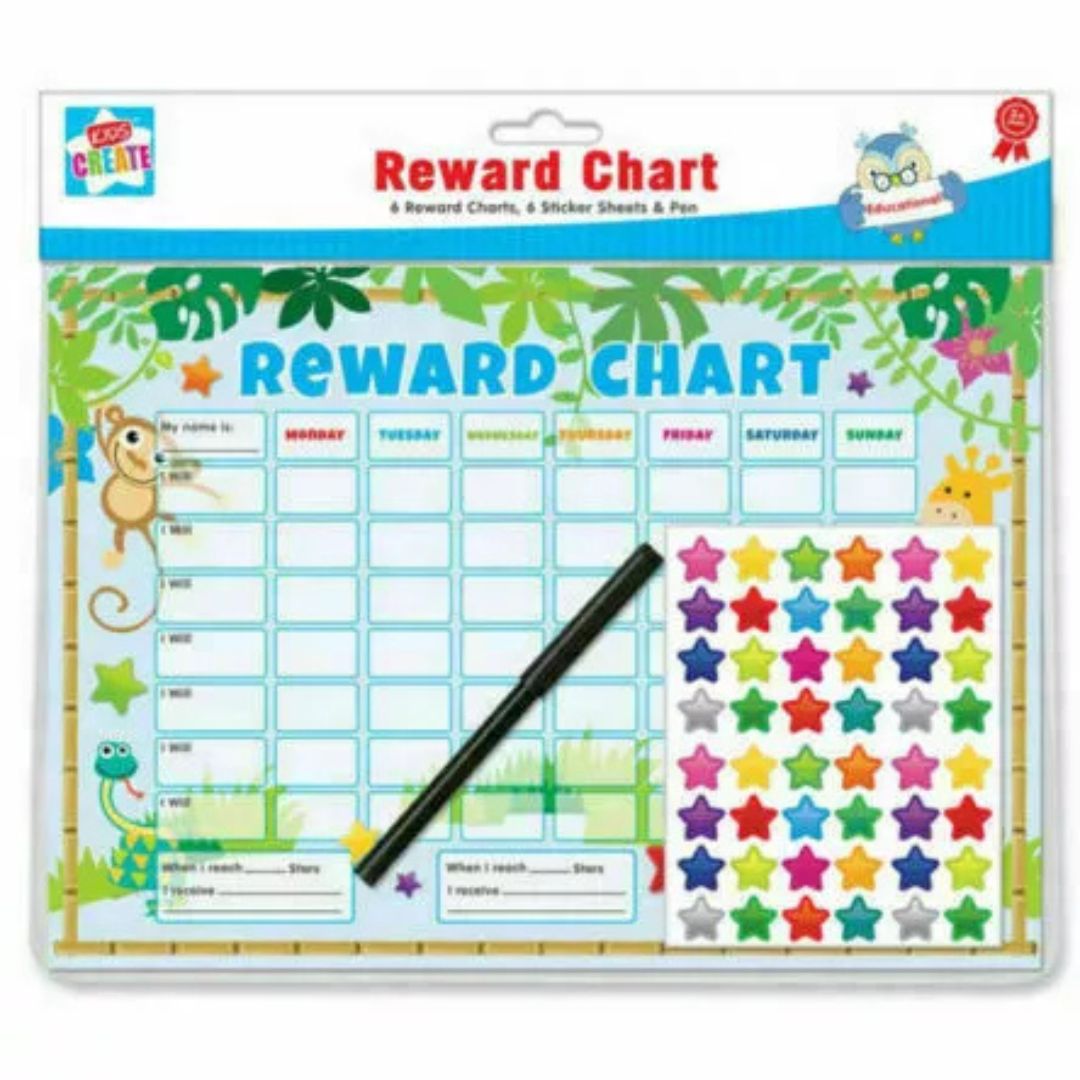Kids Create - Pack of 6 Educational Reward Charts - Sticker Sheet + Pen