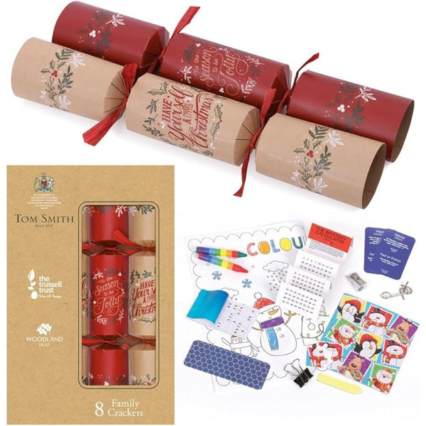 Pack 8 Tom Smith Charity Family Christmas Crackers Kraft Brown & Red Traditional Holy & Ivy Design