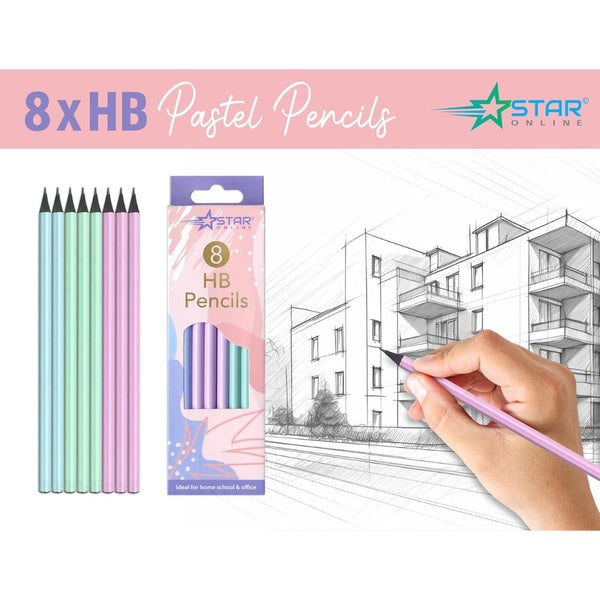 8 X Pastel Colours HB Pencils Blue, Pink And Green Aesthetic Stationery