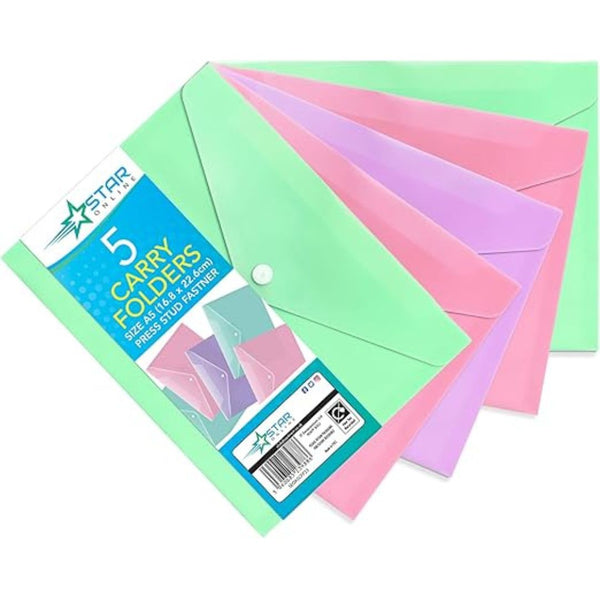 A5 Pastel Plastic Folder Pack of 5 Assorted Colours – Day Document Stud Wallets Carry Popper Folder Pink Purple Teal