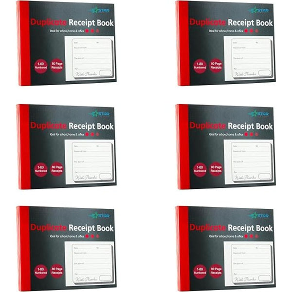 Duplicate Receipt Book Cash Book A6 Numbered 1-80 x 6 Books