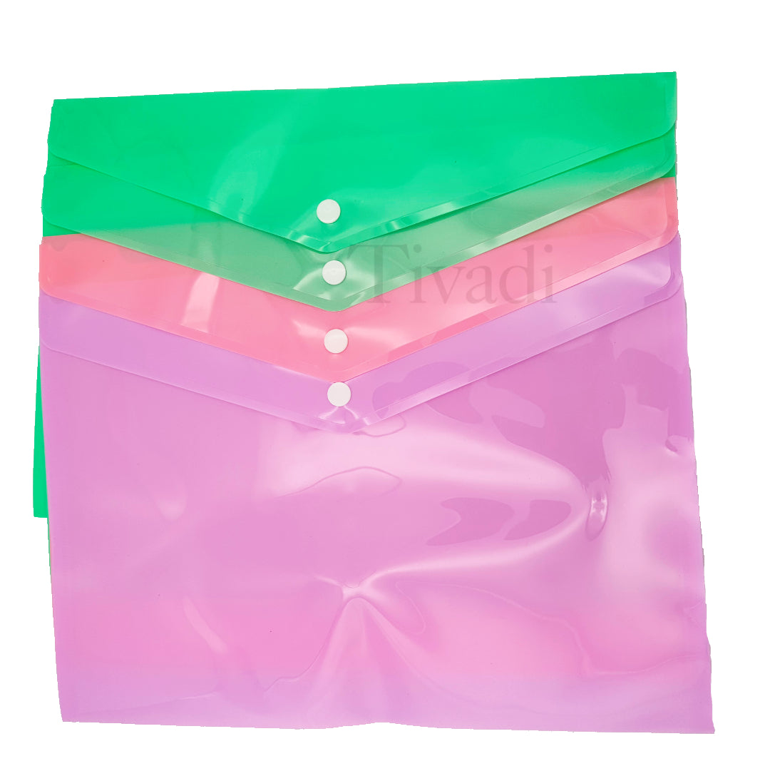 4 Assorted Pastel Colour A4 Document Stud Wallets Plastic Carry Popper Folder Pink Aqua