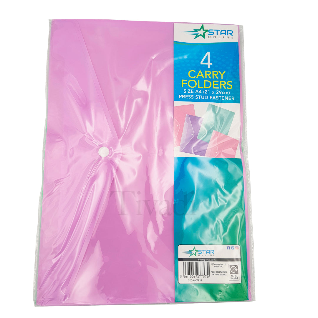 4 Assorted Pastel Colour A4 Document Stud Wallets Plastic Carry Popper Folder Pink Aqua