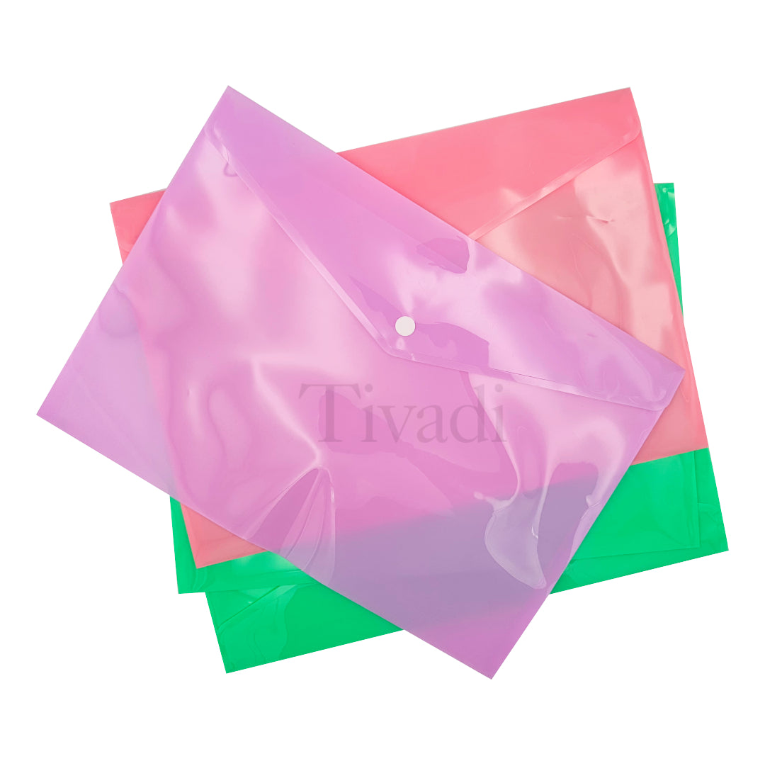 4 Assorted Pastel Colour A4 Document Stud Wallets Plastic Carry Popper Folder Pink Aqua