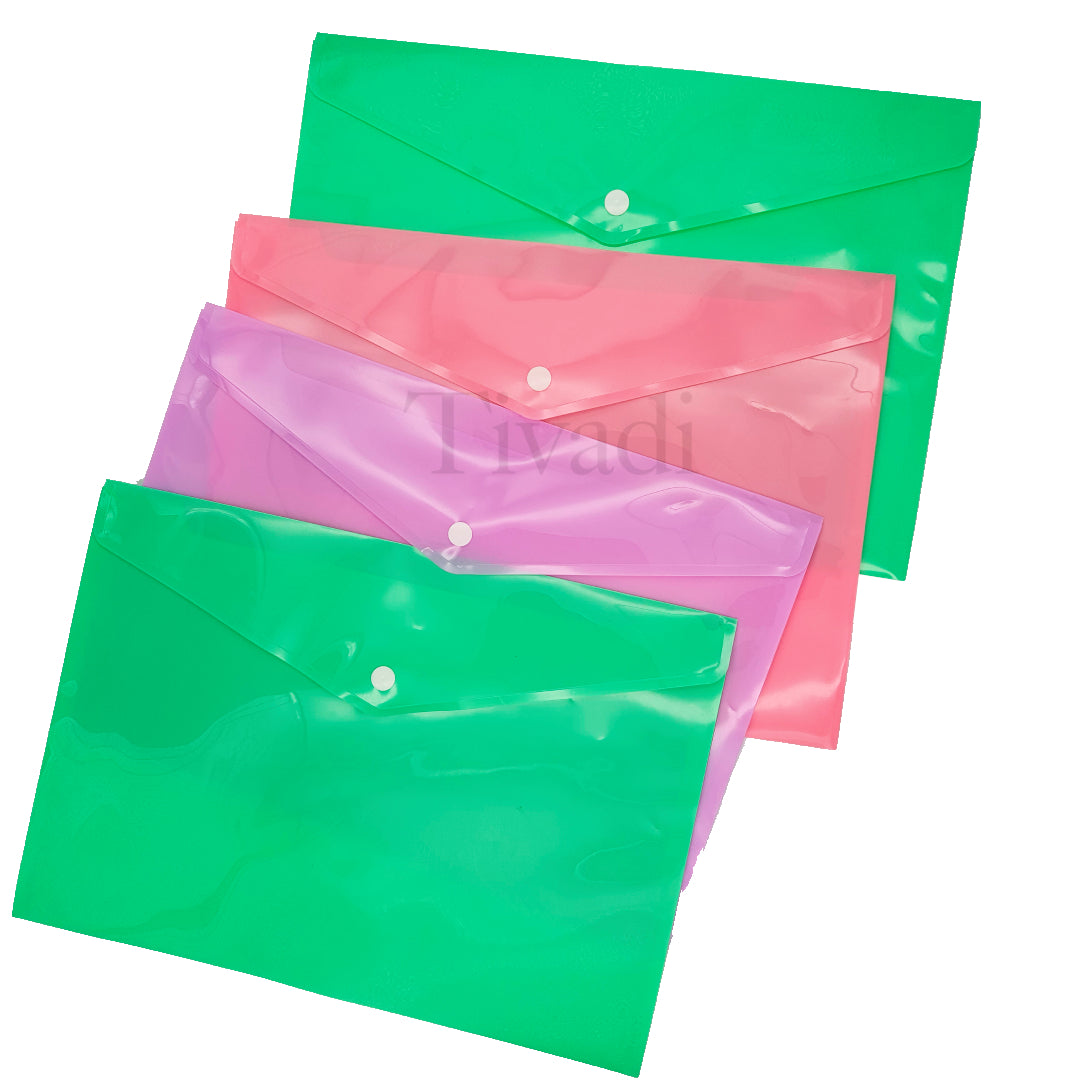 4 Assorted Pastel Colour A4 Document Stud Wallets Plastic Carry Popper Folder Pink Aqua