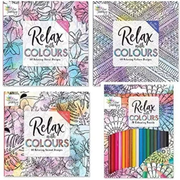 Tallon Colour With Therapy – Set of 3 Adult Colouring Books (Animal, Floral & Patterns) with 20 Pencils, 21 x 21cm
