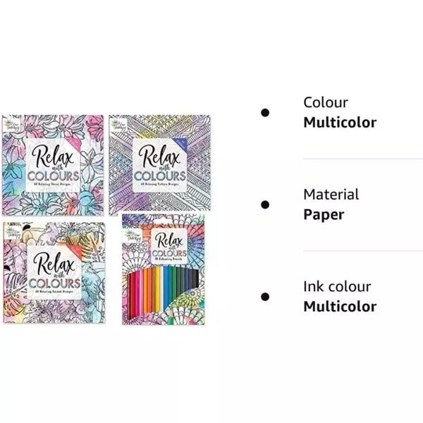 Tallon Colour With Therapy – Set of 3 Adult Colouring Books (Animal, Floral & Patterns) with 20 Pencils, 21 x 21cm