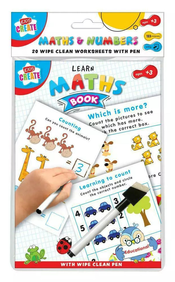 Kids Create Maths Wipe Clean Activity Book – 20 Sheets with Drywipe Pen for Ages 4-8, Learn to Count