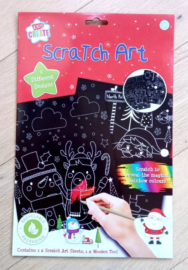 Christmas Rainbow Scratch Art Kit - Snowman, Santa & Wooden Tool for Kids