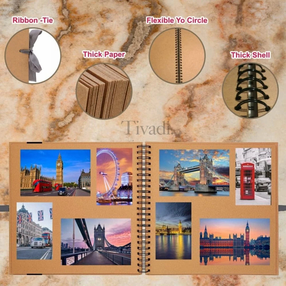 6" Square Kraft Scrapbook Photo Album | Spiral Bound Book with Ribbon Tie | DIY