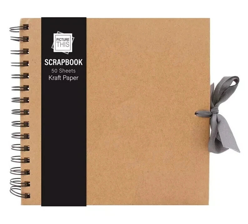 6" Square Kraft Scrapbook Photo Album | Spiral Bound Book with Ribbon Tie | DIY