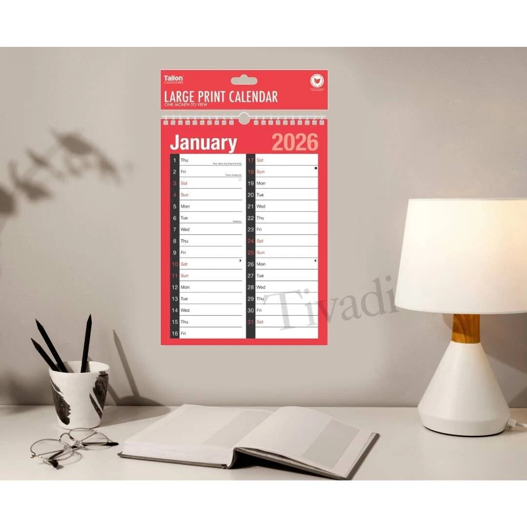2026 Slim A4 Monthly Wall Calendar