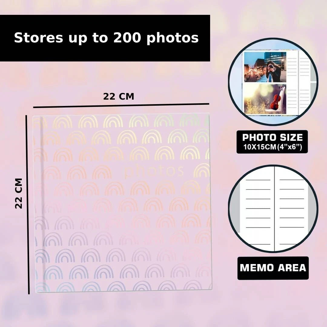 Photo Album 4x6 200 Photos Slip-In Pink Rainbow Design Family Picture Book