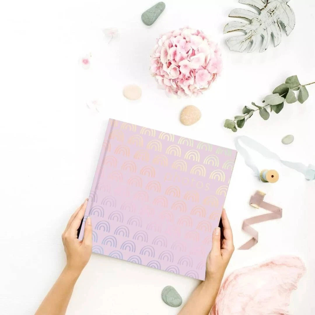 Photo Album 4x6 200 Photos Slip-In Pink Rainbow Design Family Picture Book