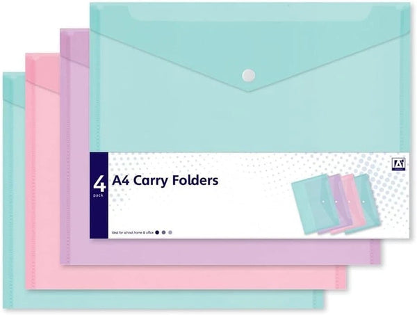 4 Assorted Pastel A4 Document Wallets – Plastic Popper Folders, Pink & Aqua, Modern Style by AnkerⓇ