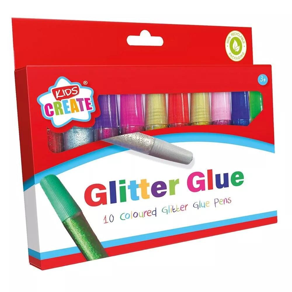 10 x Coloured Glitter Glue Pens - Kids, Children Assorted Craft Making Art